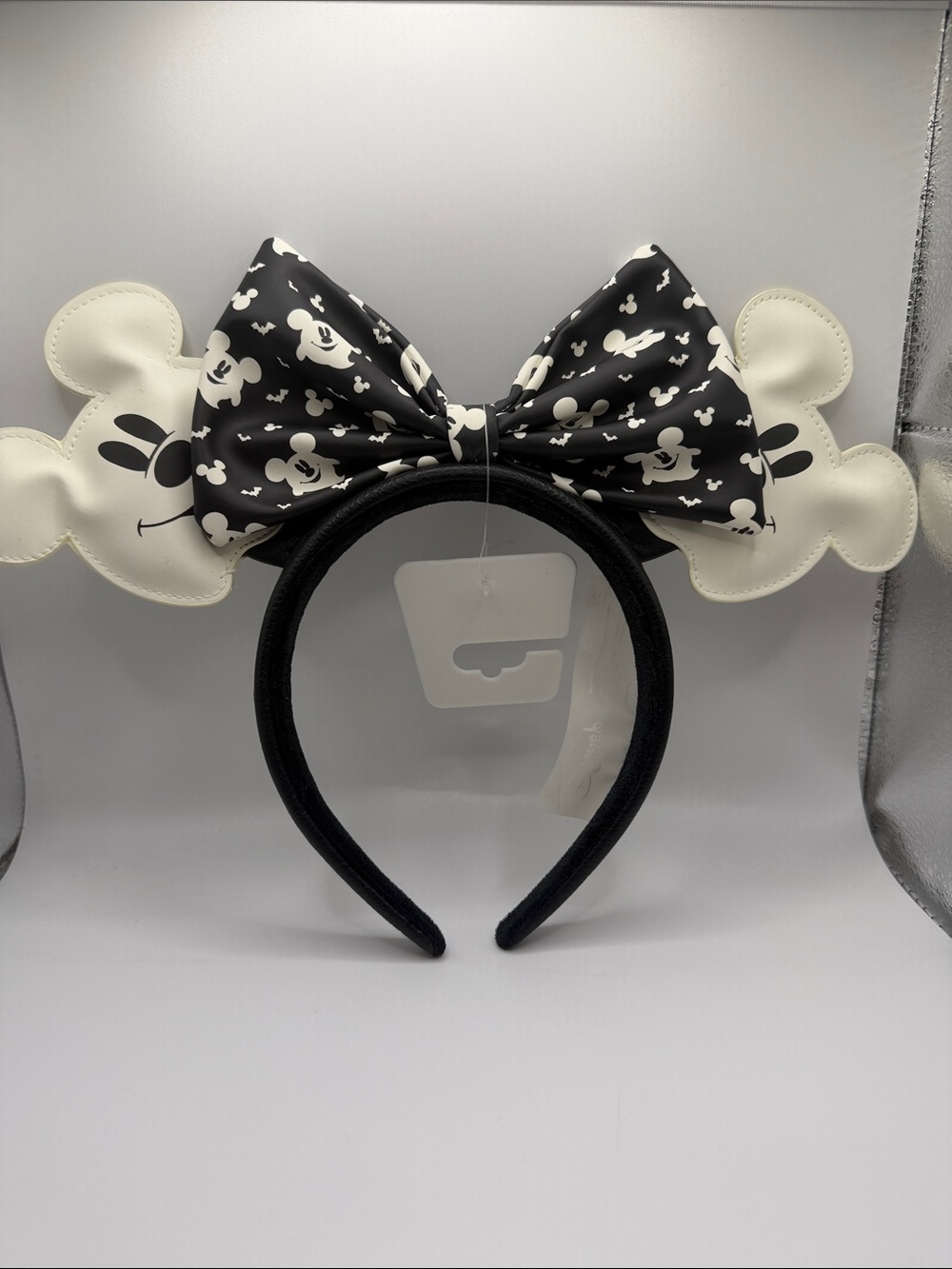 Loungefly Black and White Mickey Ear Headband with Bow - glow in the dark